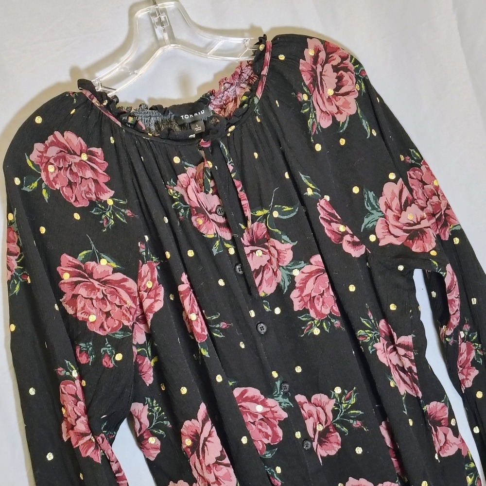 Torrid‎ Peasant Blouse 2X Black Pink Rose Floral Gold Polka Dot  Boho Top size 1